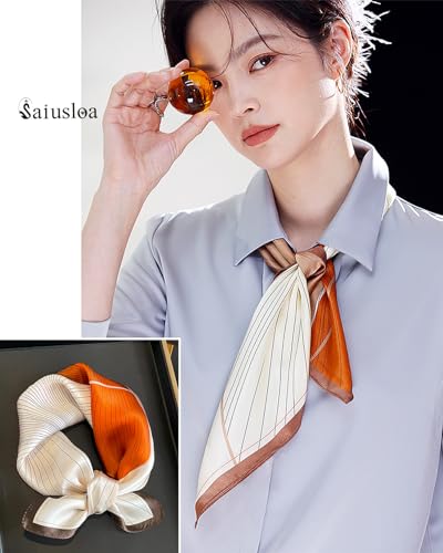 Saiusloa Neck Scarf For Womens Silky Head Scarves Hair Bandanas Square Scarf Fashion Accessories lightweight - color: 25-orange Geometry