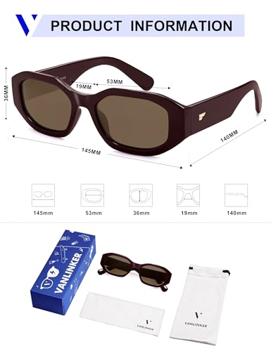 VANLINKER Trendy Polarized Hexagon Sunglasses for Women Men Retro 90s Rectangle Shades Vintage Square Frame VL9887 - color: C5-burgundy/Brown