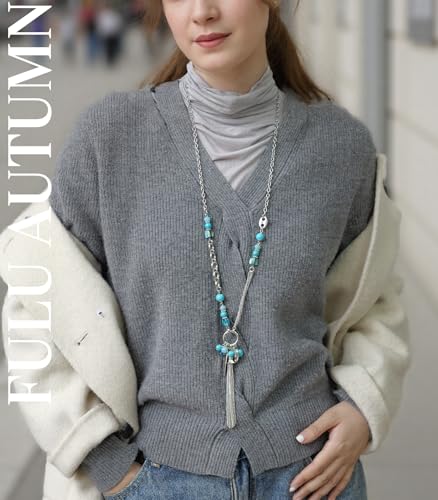 FULU AUTUMN Long Necklaces for Women Trendy Long Chunky Beaded Necklace Boho Fashion Costume Jewelry Mothers Day Gifts for Her - color: 95-Turquoise