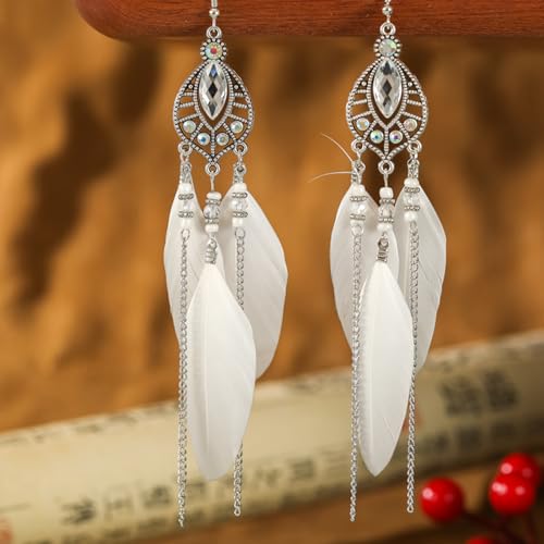 Clip on Tassel Dangle Earrings for Boho Women, Non Pierced, Colorful Feather Handmade Beads Fashion Vintage Fringe Jewelry for Parties Weddings Festivals Trendy Statement Earrings for Bohemian - color: White A