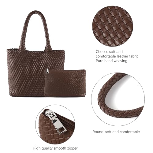 Hand Woven Bag Tote BagS For Women Top Handle Shoulder Vegan Leather Large Travel Beach Hobo Handbag - color: Coffee