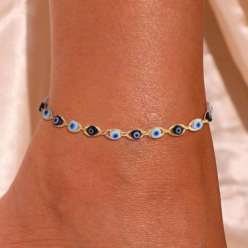 SLOONG Evil Eye Beaded Anklet Bracelets for Women, 14K Gold Plated Ankle Bracelet Jewelry Beach Beads Anklet Set Ankle Bracelets for Women - color: Black & Blue