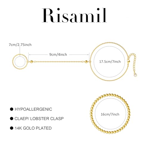 Risamil 14K Gold Plated Hand Chain Bracelets for Women Trendy, Dainty 2PCS Ring Bracelet Hand Chain Finger Bracelets Layered Stackable Link Bracelets for Women Jewelry Gifts for Women - color: BRBead