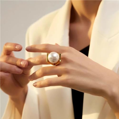 OIDIMS Exaggerated Pearl Statement Band Ring Stainless Steel Y Shaped Unique Style Big Rings Personalized Finger Comfort Fit Jewelry for Women Fashion Gift Birthday Xmas - size: 6