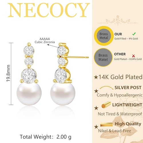 NECOCY Gold Dangle Earrings for Women Non Tarnish 14K Gold Plated Drop Wedding Hypallergenic Earring Dainty Long Hanging Chain CZ Pearl Threader Earrings Trendy Silver Plated Jewelry for Women - style: Gold&Style14