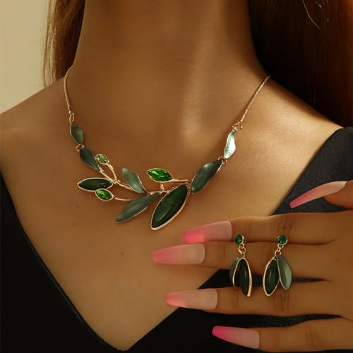 Vintage Chunky Statement Jewelry Set Retro Leaf Floral Geometric Bohemian Boho Bib Necklace Earring Set Fashion Costume Jewelry for Women Girls Wedding Party Prom Unique Gift - style: branch leaf-green gold