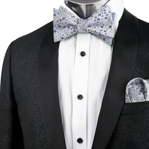 Alizeal Mens 2pcs Classic Floral Pattern Self-tied Bow Tie and Handkerchief Set - color: 045-gray+navy Blue