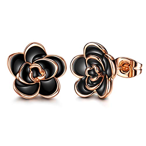 AllenCOCO Rose Flower Stud Earrings for Women Sensitive Ears, Hypoallergenic Cute Gold And Silver Rose Flower Earrings Studs for Women Nickel Free - color: Black flower/Rose gold, size: 0.47