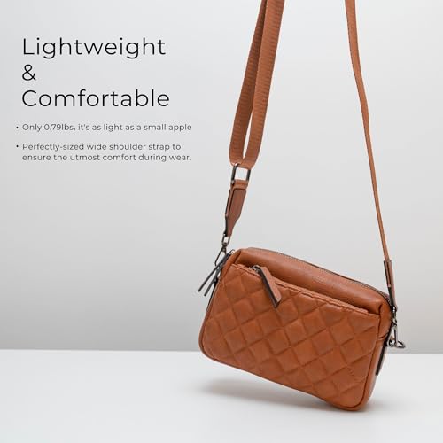 Alldaily Small Triple Zip Crossbody Purse for Women, Vegan Leather Phone Bag with Wide Shoulder Strap - color: Quilted Brown