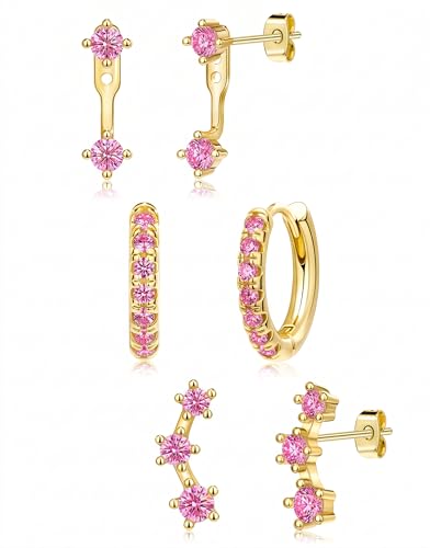 3 Pairs Dainty Small 4th of July Earrings for Women Trendy, Birthstone Stud Huggie Hoop Jacket Stack for Cartilage Helix, Gold Plated Hypoallergenic Cute Women Fashion Accessories Western Jewelry Gifts - color: 10Pink-Oct (Gold)