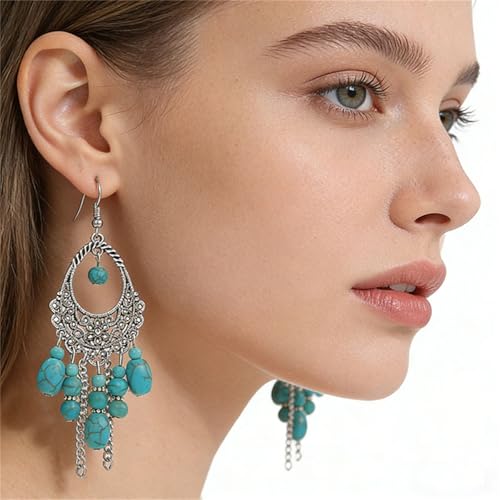coadipress Bohemian Turquoise Beaded Tassel Earring for Women Ethnic Chandelier Boho Beads Earrings Hollow Out Turquoises Beaded Statement Earrings Ethnic Style Jewelry Gifts - color: Turquoise Tassel