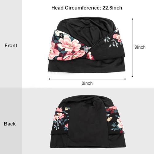 Women Knot Slouchy Beanie Chemo Hat Twist Stretch Cancer Head Wraps Sleep Head Scarf - color: Black Red Flowers