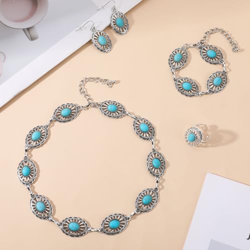 4 PCS Western Turquoise Jewelry for Women Boho Vintage Navajo Pearl Necklace Earring Bracelet Ring Set Country Cowgirl Accessories for Gift - color: L-Blue