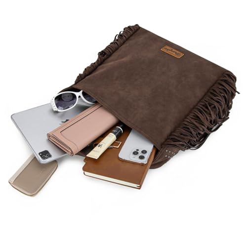 Wrangler Fringe Suede Hobo Bag for Women Leather Western Fringe Purse Tassel Hippie Shoulder Bag - color: Coffee