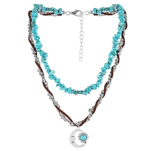 Pingyongchang Boho Layered Western Turquoise Necklaces for Women Vintage Stone Beaded Chokers Butterfly Catus Chain Country Concert Cowgirl Cowboy Jewelry Holiday Gifts - style: C Moon 2