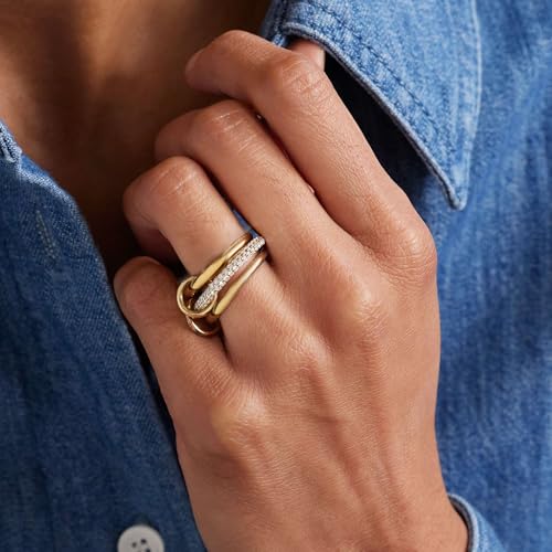 BKC Gold Stackable Rings for Women, 14k Gold Plated Chunky Statement Cubic Zirconia Rings, Silver Gold Multi Ring Interlocking Mixed Metals Stack Rings Set Non Tarnish - color: Modernist set, size: 5