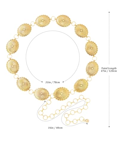 AWAYTR Chain Belt for Women – Adjustable Boho Metal Waist Chain Belt Gold Sliver for Dresses Jeans Country Concert Outfit - color: Gold-classic Oval