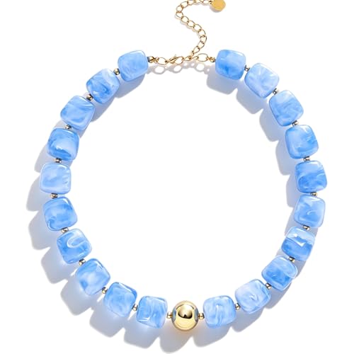 Chunky Colorful Beaded Necklaces for Women Big Bead Boho Choker Necklace Trendy Heart Statement Necklace Summer Beach Jewelry Mothers Day Gifts for Mom Daughter - color: Sky-blue Square Beads