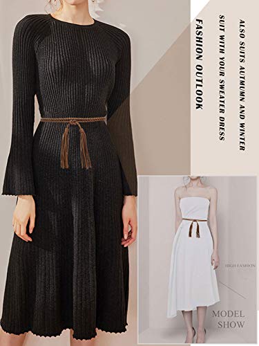 TeeYee Women Girls Braided Waist Tie Belt/Rope with Tassel Wrap Cloth Belts for Dress Pants - color: Tan, size: 63inch