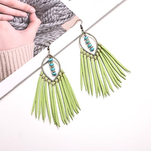 Long Bohemian Fringe Leather Earrrings Handmade Tassel Earrings with Turquoise Christmas Long Dangle Earrings for Women rodeo jewelry - color: 11