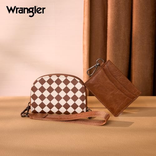 Montana West Wrangler KeyChain Wallet Checkered Wristlet Wallets for Women Western Dual Pouch Wristlet Credit Card Holder Wallet - color: Checkered Brown