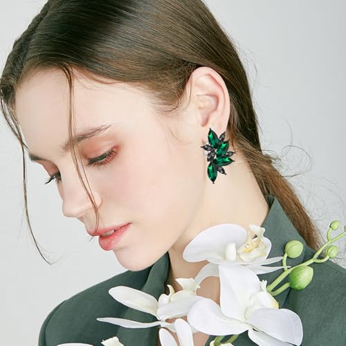 Bohemian Statement Sparkly Colourful Fancy Rhinestone Crystal Flower Dangle Drop Stud Earrings Vintage Wedding Bridal Prom Earrings for Women - color: Black Green