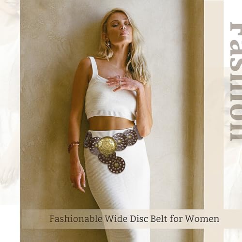 Wide Disc Belt for Women Vintage Leather Hollow Out Round Belt Western Waist Belt - color: Copper Coffee, size: M (47.2 in)