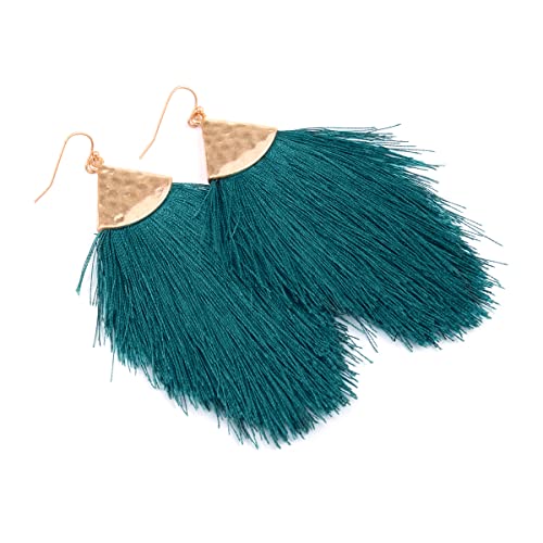 Bohemian Silky Thread Fan Fringe Tassel Statement Earrings - Lightweight Strand Feather Shape Dangles - color: Feather Fringe - Teal Blue