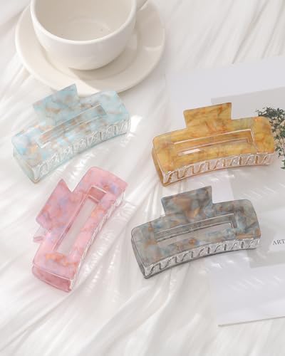 4Pcs Large Acrylic Hair Claw Clips, Nonslip Cute Hair Clips for Thick Hair and Long Hair, Rectangle Marble Claw Clips Hair Accessories for Women and Girls - color: Pink + Gray + Yellow + Cyan