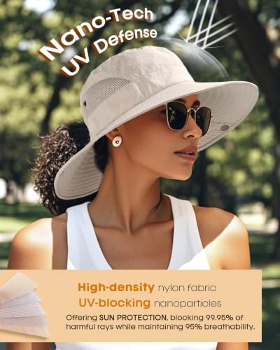 FURTALK Womens Sun Hat with Ponytail Hole Beach Hiking Summer Wide Brim UPF 50+ Outdoor Protection Foldable Bucket Hat - color: Beige