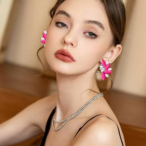 Bohemian Statement Sparkly Colourful Fancy Rhinestone Crystal Flower Dangle Drop Stud Earrings Vintage Wedding Bridal Prom Earrings for Women - color: Rose Red