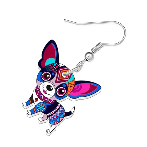 BONSNY Colorful Cute Chihuahua Dangle Earrings Mexican Folk Art Style Dog Pets Design Gifts for Chihuahua Lovers Women Fun Hypoallergenic Jewelry Accessories - color: Purple