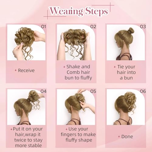 Messy Bun Piece Human Hair for Women Tousled Updo Extension Wavy Curly Buns Scrunchie with Tendrils, Natural Full Chignon Hairpiece for Thin Fine Hair Ladies Dirty Blonde 33g - color: Golden Honey Blonde