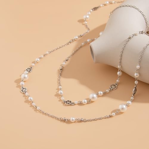 Long Necklaces for Women Pearl Necklaces for Women Long Chain Necklace Dainty Layered Pearl Necklace Statement Sweater Strand Chain Jewelry - color: Silver
