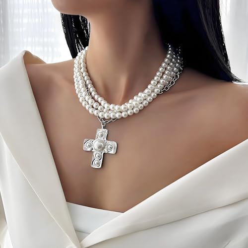 Chunky Cross Necklace for Women Chunky Gold Necklace Statement Cross Pendant Vintage Toggle Clasp Necklace Jewelry for Women - color: G2-Silver Cross Necklace