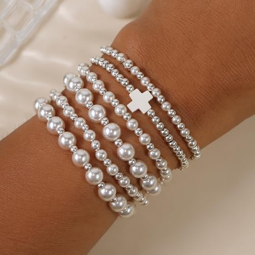 Silver Gold Beaded Bracelets for Women Stackable 14K Gold Plated Beads Ball Cross Bracelet Stack Non Tarnish Elastic Stretch Trendy Jewelry Christian Friendship Christmas Gifts for Women - color: 6pcs-Silver