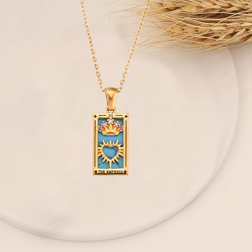 Gold Tarot Card Necklace for Women Men, Non Tarnish 18K Gold Plated Vintage Lucky Charm Square Pendant Talisman Amulet Necklaces Unisex Jewelry - style: The Empress