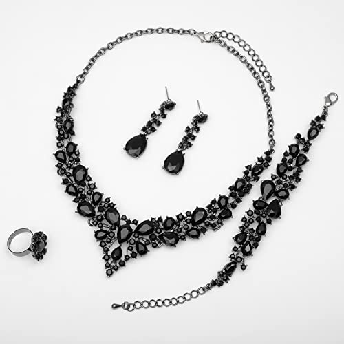 CSY 4 Pcs/Set Austrian Crystal Necklace Earrings Bracelet Ring Bridal Jewelry Sets for Brides Wedding Party Costume Accessories Gifts for Women - color: 02-black