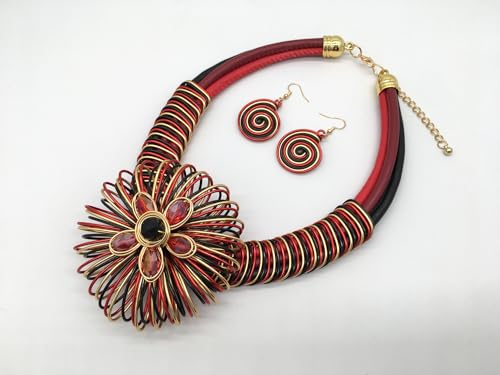 Statement African Necklace For Women African Jewelry Costume Earring Sets Tribal Fashion Colorful Big Rhinestone Crystal Pendent Collar Choker Bold Chunky Bib Handmade - color: Flower red