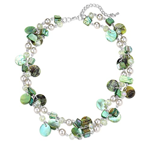 Noessla Layered Beaded Chunky Necklace for Women Boho Two-color Shell Statement Necklace Fashion Collar Costume Jewelry Gifts for Mum - color: 14-Green