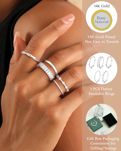 Stackable Silver/Gold Rings for Women Non Tarnish Trendy Dainty 14K Gold Plated Stacking Cubic Zirconia Thumb Ring Set Minimalist Promise Wedding Bands Engagement Rings for Women Size 6-10 - color: C-5pcs-Silver, size: 7