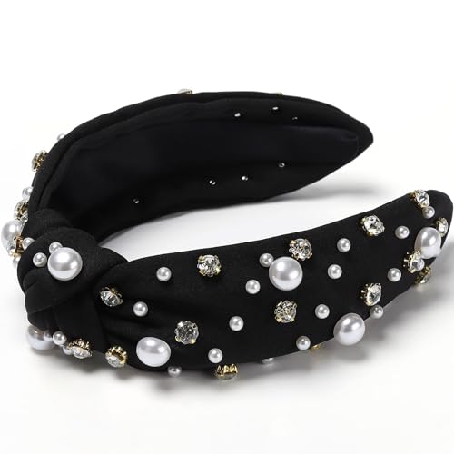 WantGor Pearl Knotted Headband, Women Rhinestone Embellished Hairband Elegant Wide Top Knot Bride Headbands Headpieces Party Fashion Elegant Ladies Hair Band Hair Hoop Accessories (Black) - color: Black