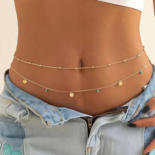 14K Gold Plated Waist Chain for Women, 2Pcs Adjustable Pearl Beads Body Chain, Sexy Layered Summer Beach Bikini Belly Jewelry Accessories - style: Bead&Turquoise&Disc