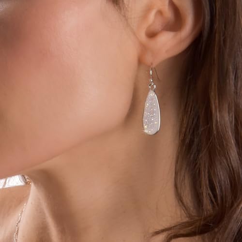 Teardrop Dangle Earrings for Women with Simulated Druzy Stones, in Gold or Rose Gold Tone - color: Silver - White Created Opal