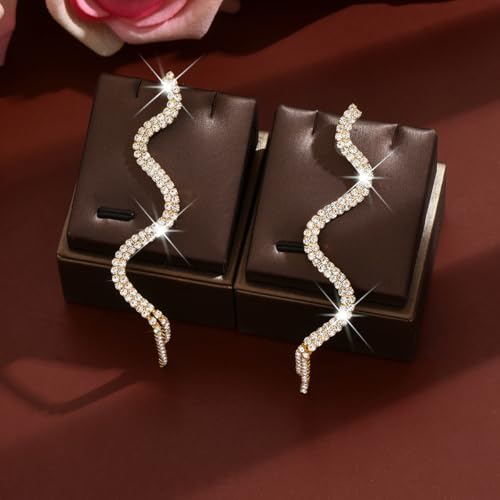 Sparkling Rhinestone Wave Earring Gold Tassel Earrings Long Fringe Chandelier Drop Earrings Wedding Prom Bridesmaid Fashion Jewelry Accessary for Women - color: Gold