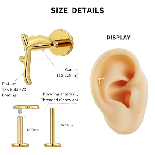 FINE4U 1PC ASTM F136 Titanium Internally Threaded Piercing Jewelry Stud 16G 6mm 8mm for Helix, Tragus, Conch, Flat - color: Sickle - Gold