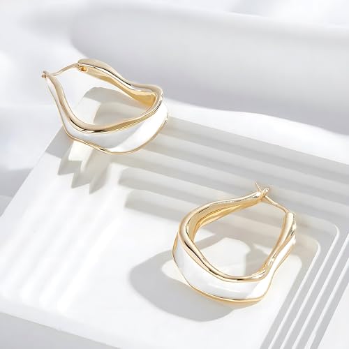 Chunky Hoop Earrings for Women Thick Minimalist Geometric Huggie Hoop Earrings Dainty Thick Y2K Preppy Earrings - style: irregular wave white