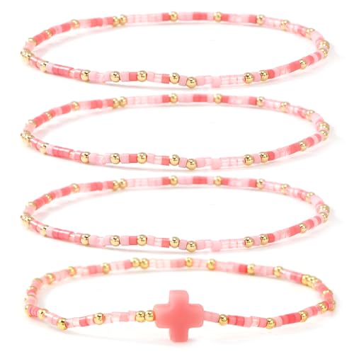 Gold Colorful Beaded Cross Bracelet Stack Set for Women,Handmade Bohemian Seed Beads Stacked Bracelets Fashion Holiday Jewelry Gift - color: Pink