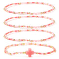Gold Colorful Beaded Cross Bracelet Stack Set for Women,Handmade Bohemian Seed Beads Stacked Bracelets Fashion Holiday Jewelry Gift - color: Pink