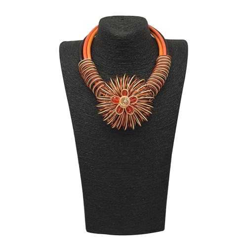 Statement African Necklace For Women African Jewelry Costume Earring Sets Tribal Fashion Colorful Big Rhinestone Crystal Pendent Collar Choker Bold Chunky Bib Handmade - color: Flower Orange